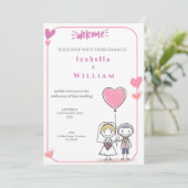 かわいい落書きの新婦新郎 ピンクのハート 結婚式 招待状 (スタンド正面)