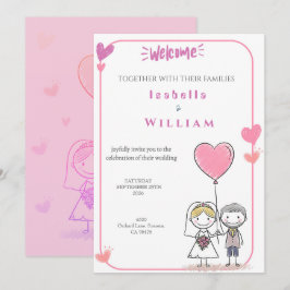 かわいい落書きの新婦新郎 ピンクのハート 結婚式 招待状