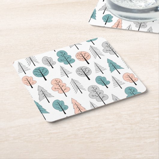 かわいい落書きの森林パターン スクエアペーパーコースター (アングル)