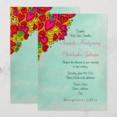 かわいい落書きハートと花のウェディング 招待状 (正面/裏面)