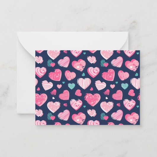 かわいい落書きハートパターン ブルー バレンタインデー ノートカード (裏面)