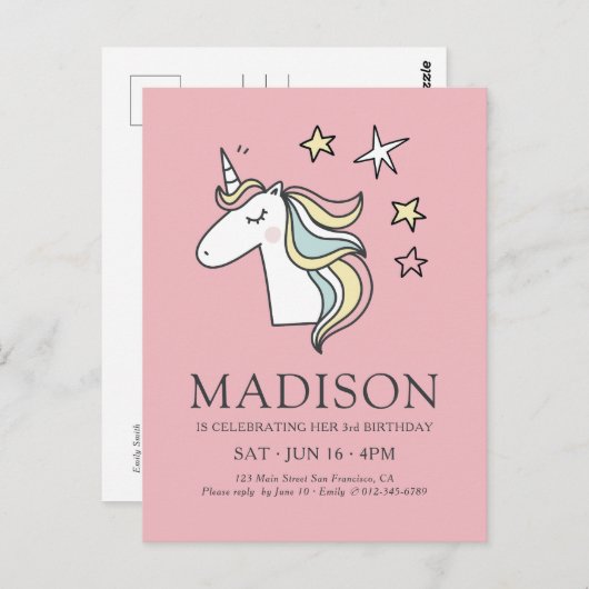 かわいい落書きユニコーンと星の誕生日 ポストカード (正面/裏面)