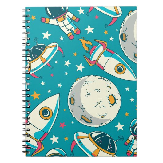 かわいい落書き宇宙飛行士が背景に溶け込んだシームレスな背景, p ノートブック (正面)