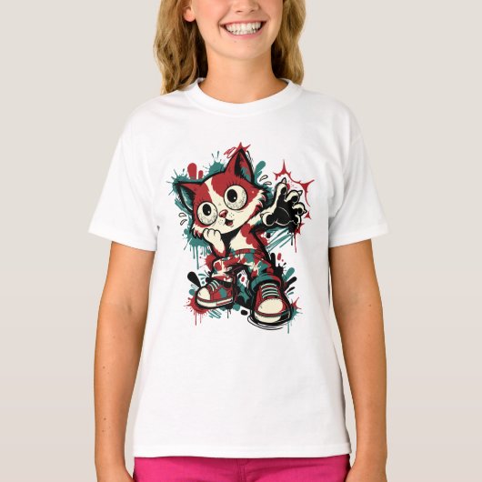 かわいい落書き猫のキャラクター Tシャツ (正面)