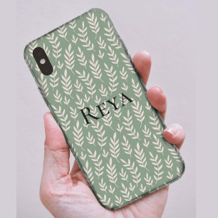 かわいい葉の緑のプリントと名前 iPhone 16ケース