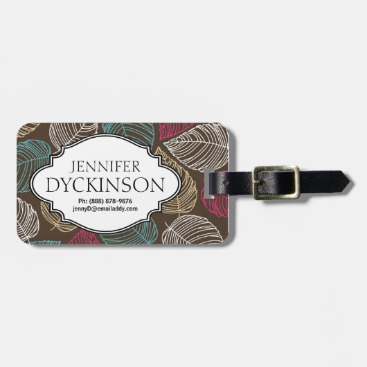 かわいい葉パターンピンクのブラウンの青いパーソナライズ ラゲッジタグ (正面横)