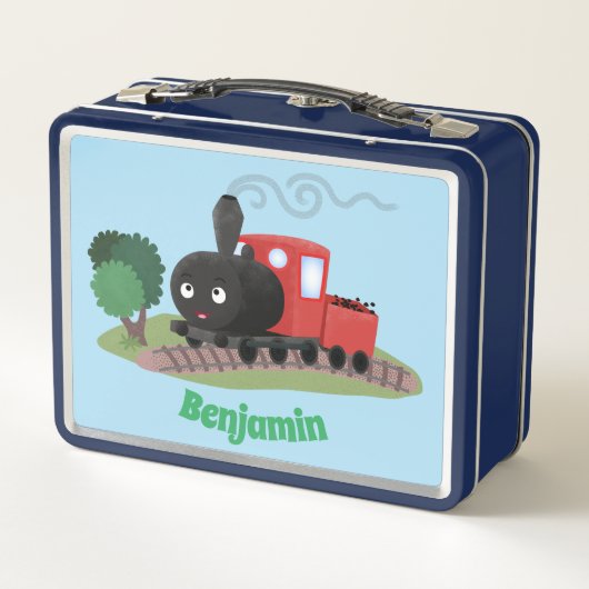 かわいい蒸気機関車マンガイラストレーション メタルランチボックス (裏面)