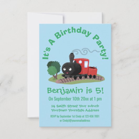 かわいい蒸気機関車マンガイラストレーション 招待状 (正面)