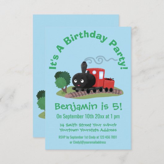 かわいい蒸気機関車マンガイラストレーション 招待状 (正面/裏面)