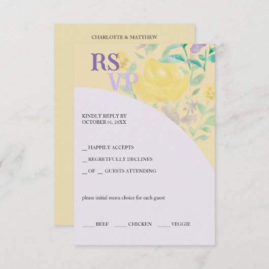 かわいい薄紫イエローグリーンフローラ水彩 出欠カード (正面/裏面)