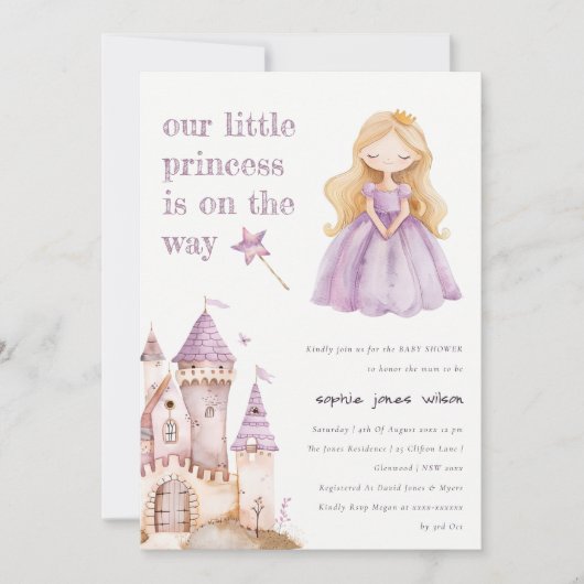 かわいい薄紫プリンセスカステル水の色ベビーシャワー 招待状 (正面)