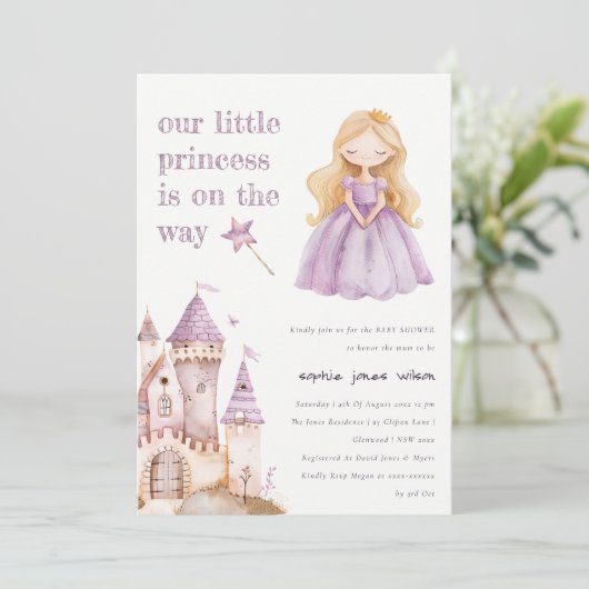 かわいい薄紫プリンセスカステル水の色ベビーシャワー 招待状 (スタンド正面)