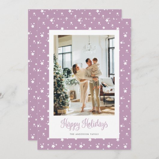 かわいい薄紫星空フォトハッピーホリデーズカード シーズンカード (正面/裏面)
