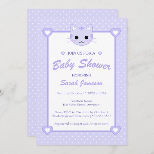 かわいい薄紫紫の漫画の猫が子猫のベビーシャワー 招待状 (正面/裏面)