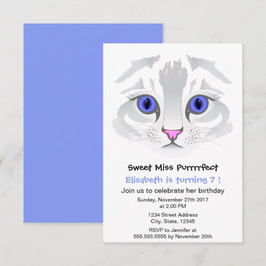 かわいい虎猫猫の漫画の青い女の子の誕生会 招待状 (正面/裏面)