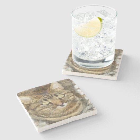 かわいい虎猫見上げる鉛筆のスケッチ ストーンコースター (横)