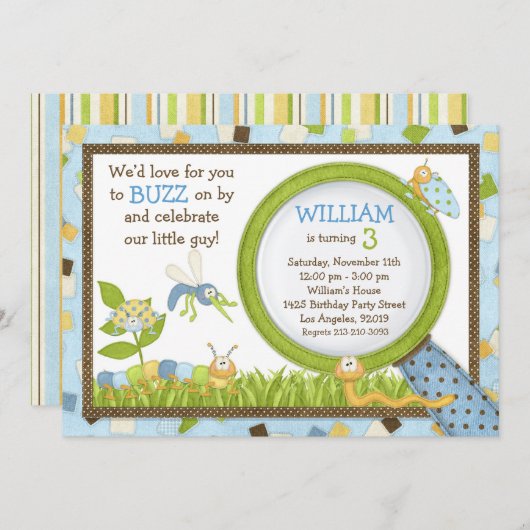 かわいい虫の誕生日のパーティの招待状 招待状 (正面/裏面)