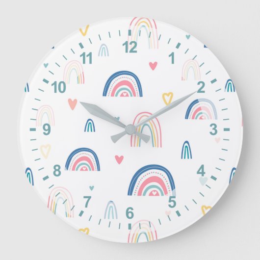 かわいい虹とハート模様 ラージ壁時計 (正面)