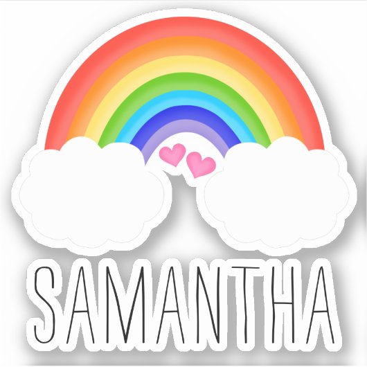 かわいい虹とピンクのハート名 シール (正面)