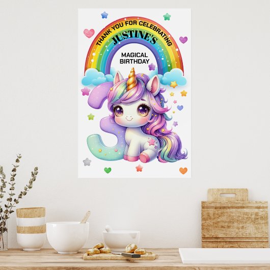 かわいい虹とユニコーンの三番目の誕生日パーティー ポスター (キッチン)