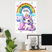 かわいい虹とユニコーンの1歳の誕生日パーティー ポスター (ホームオフィス)