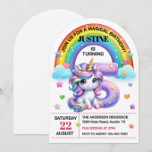 かわいい虹とユニコーンの5歳誕生日パーティー 招待状 (正面/裏面)