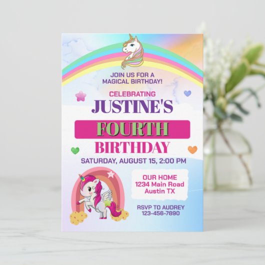 かわいい虹とユニコーン任意の年齢の誕生日パーティー 招待状 (スタンド正面)