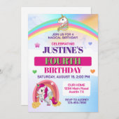 かわいい虹とユニコーン任意の年齢の誕生日パーティー 招待状 (正面/裏面)