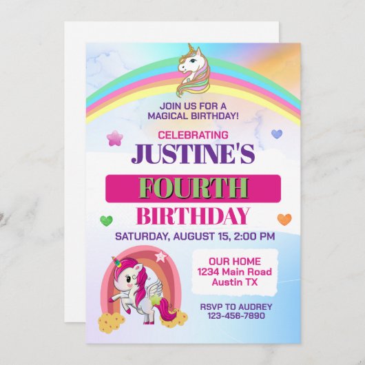 かわいい虹とユニコーン任意の年齢の誕生日パーティー 招待状 (正面/裏面)