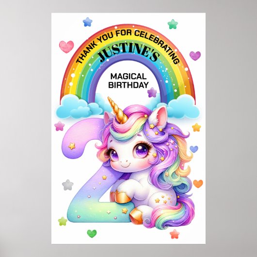 かわいい虹とユニコーン第2誕生日パーティー ポスター (正面)