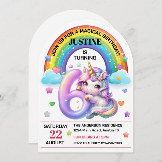 かわいい虹とユニコーン第6誕生日パーティー 招待状 (正面/裏面)