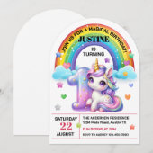 かわいい虹とユニコーン1歳の誕生日パーティー 招待状 (正面/裏面)