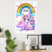 かわいい虹とユニコーン4歳の誕生日パーティー ポスター (ホームオフィス)