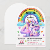 かわいい虹とユニコーン4歳の誕生日パーティー 招待状 (正面/裏面)