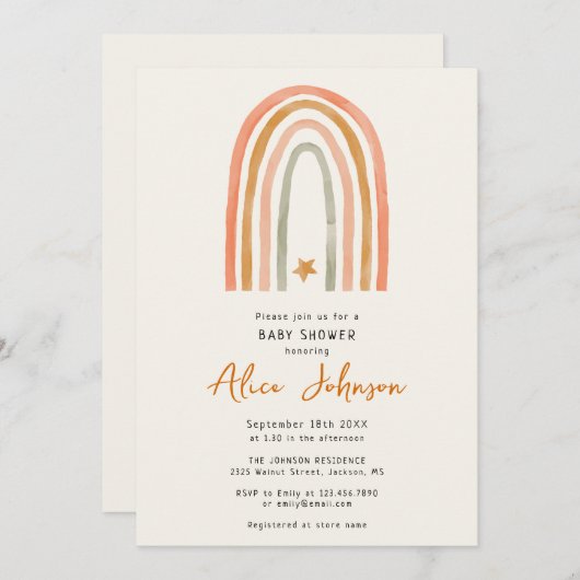 かわいい虹と星ぼほ赤ちゃんシャワー 招待状 (正面/裏面)