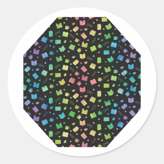 かわいい虹と黒の本読と模様 ラウンドシール (正面)