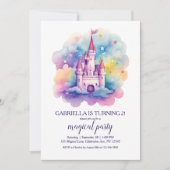 かわいい虹のおとぎ話の城ガールズバースデーパーティー 招待状 (正面)