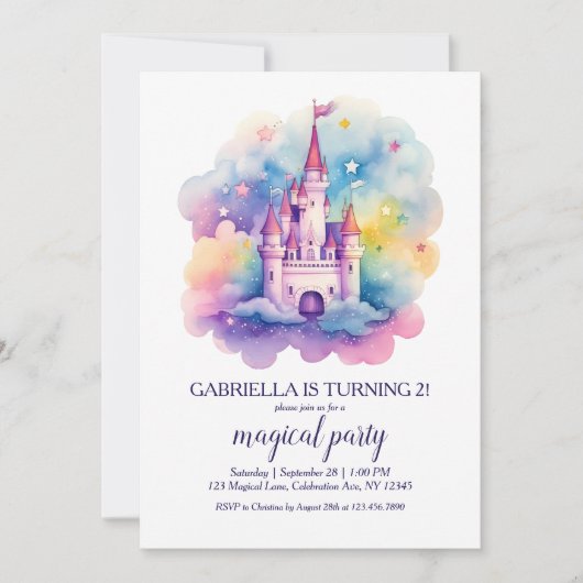 かわいい虹のおとぎ話の城ガールズバースデーパーティー 招待状 (正面)