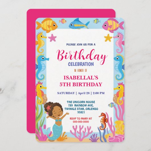 かわいい虹のアフロマーメイドシーホースの魚の誕生日 セーブザデート (正面/裏面)