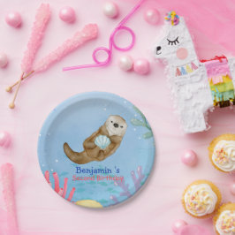 かわいい虹のカワウソのホタテの誕生日パーティー ペーパープレート