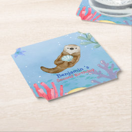 かわいい虹のカワウソ＋ホタテ＋誕生日パーティー ペーパーコースター
