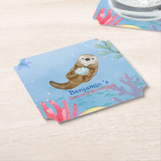 かわいい虹のカワウソ＋ホタテ＋誕生日パーティー ペーパーコースター (アングル)