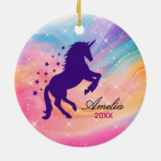 かわいい虹のガーリーユニコーン休日の記念品 セラミックオーナメント (裏面)
