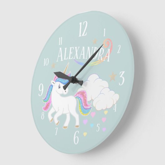 かわいい虹のグリッターのユニコーンの星およびハート ラージ壁時計 (傾斜)