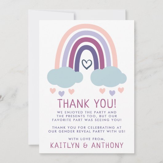 かわいい虹のジェンダーの表示パーティー サンキューカード (正面)