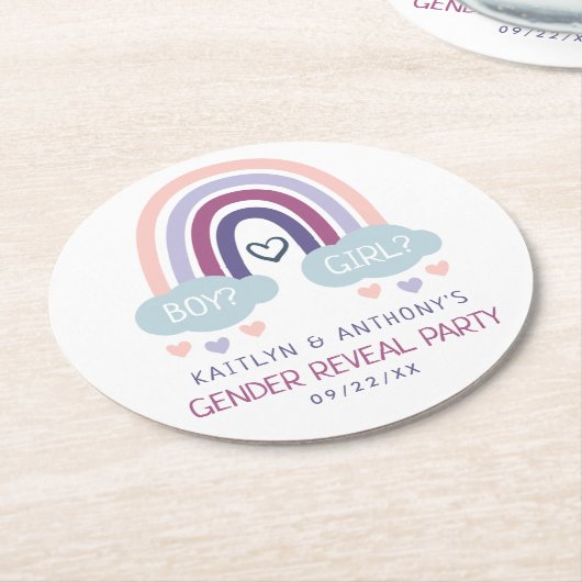 かわいい虹のジェンダーの表示パーティー ラウンドペーパーコースター (アングル)
