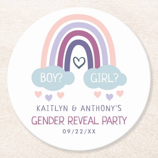 かわいい虹のジェンダーの表示パーティー ラウンドペーパーコースター (正面)