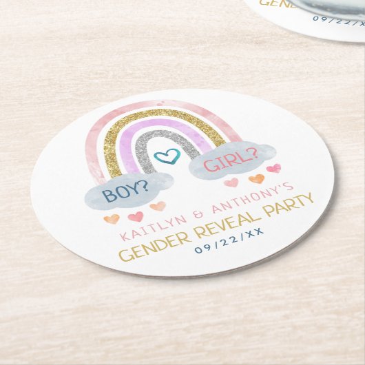かわいい虹のジェンダーの表示パーティー ラウンドペーパーコースター (アングル)
