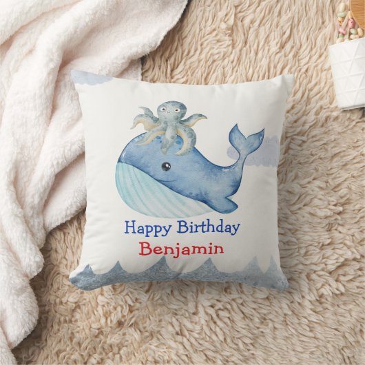 かわいい虹のタコ鯨魚の誕生日パーティー クッション (ブランケット)