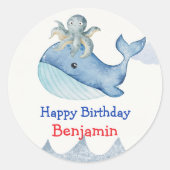 かわいい虹のタコ鯨魚の誕生日パーティー ラウンドシール (正面)